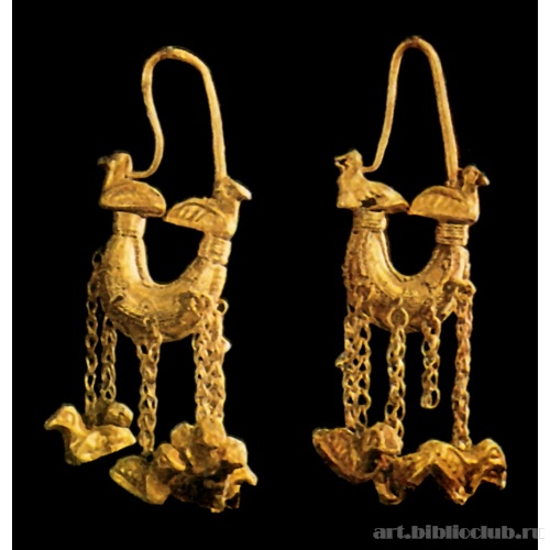 Серьги калачевидные с уточками на концах и аналогичными уточками, подвешенными на цепочках