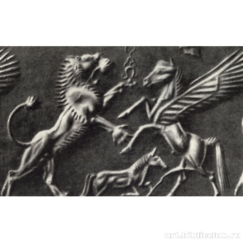 Оттиск цилиндрической печати с изображением борьбы льва и крылатого коня