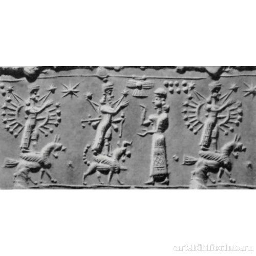 Оттиск цилиндрической печати с изображением поклонения богини Иштар