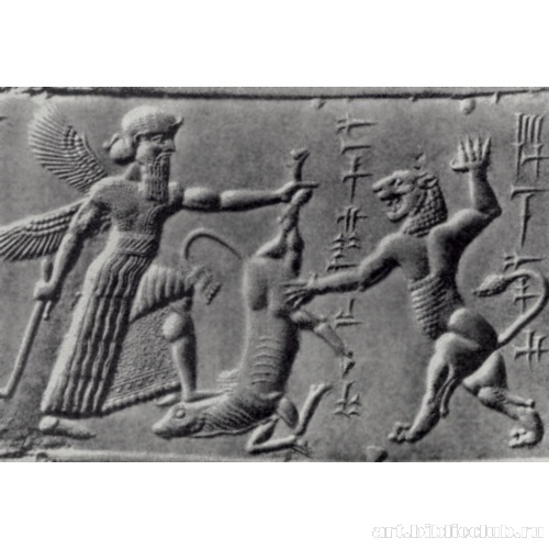 Оттиск цилиндрической печати с изображением битвы царя с чудовищем