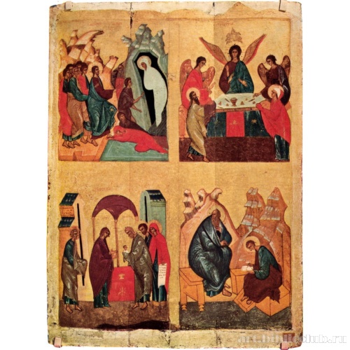 Воскрешение Лазаря, Троица, Сретение, Иоанн Богослов и Прохор (четырехчастная икона)