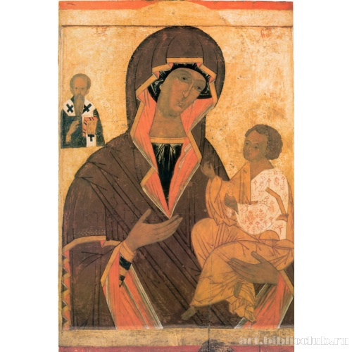Богоматерь с младенцем, типа Грузинской, с Василием Великим на фоне