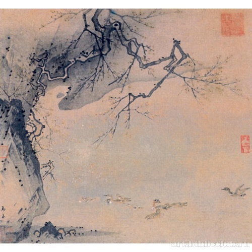 Слива, скала, поток и утки