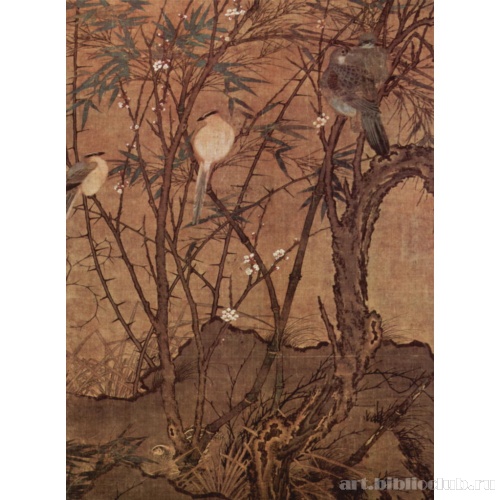 Птицы в зарослях бамбука и сливовых деревьев