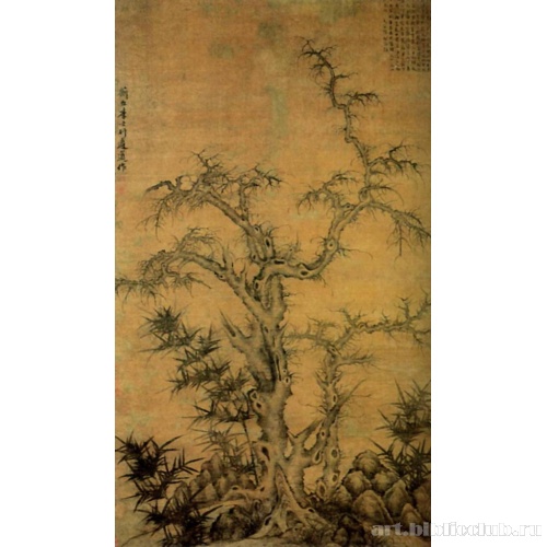 Сухое дерево, бамбук и скалы