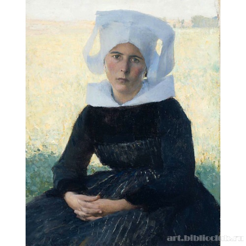 Женщина в бретонском костюме, сидяшая на лужайке