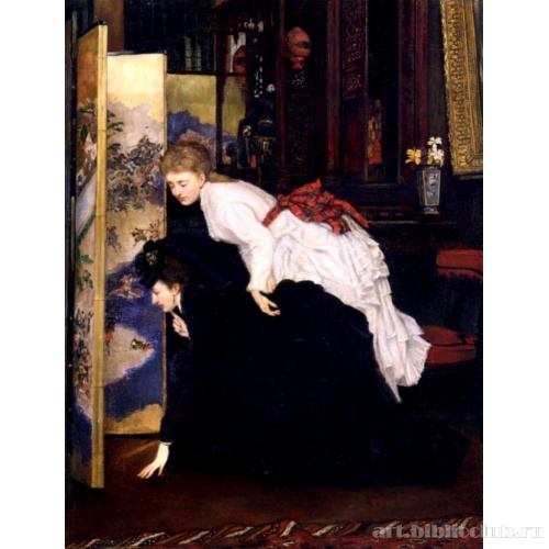 Девушки, рассматривающие японскую ширму