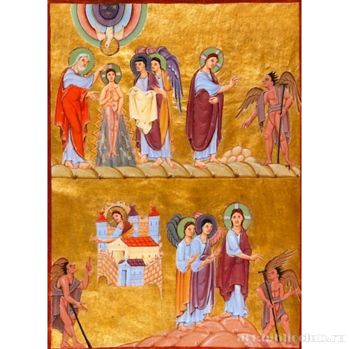 Евангелие Оттона III. Clm. 4453, 2v. Три искушения Христа