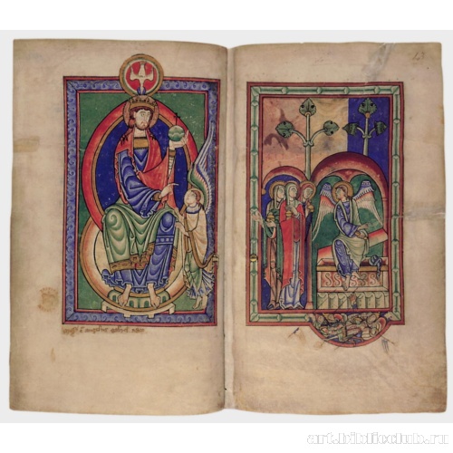 Бог посылает архангела Гавриила благовествовать Деве Марии; Жены-мироносицы у Гроба Господня