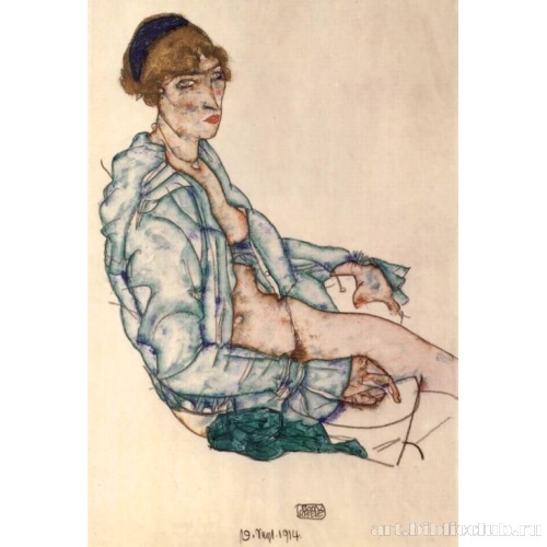 Сидящая женщина с синей лентой в волосах