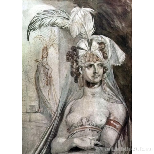 Полуфигура куртизанки с перьями, бантом и покрывалом на волосах