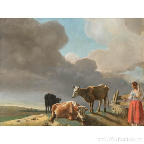 Пейзаж с коровами и пастушкой
