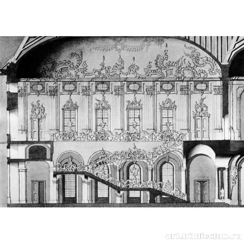 Продольное сечение парадной лестницы в центральном павильоне резиденции