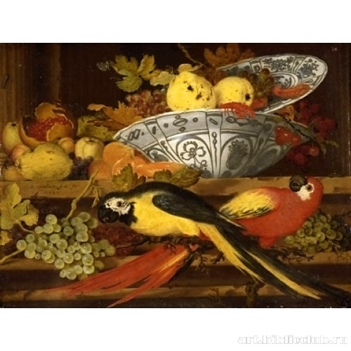 Натюрморт с фруктами и попугаями ара