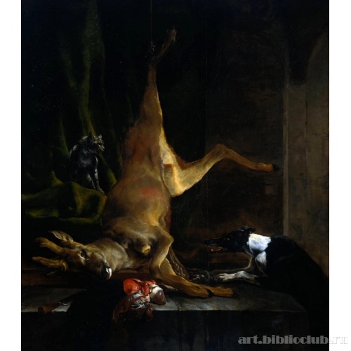 Кошка и собака у туши оленя