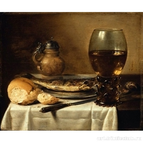 Натюрморт с кувшином, стаканом вина, селедкой и хлебом