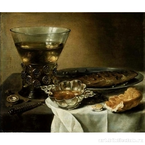 Натюрморт с серебряной чашей, стаканом вина, селедкой и хлебом