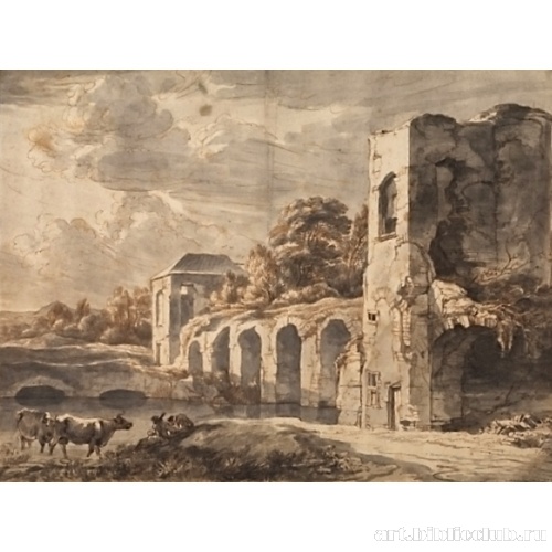 Пейзаж с разрушенным мостом и стадом