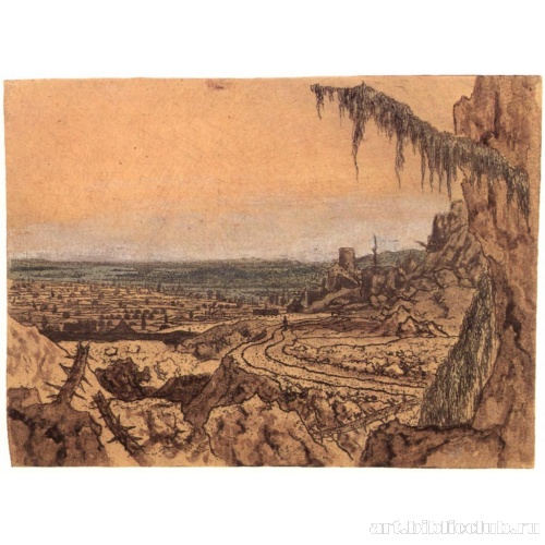 Пейзаж с далеким видом и веткой ели на первом плане