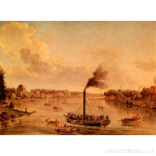 Вид петербургских островов и Невы с одним из первых русских пароходов