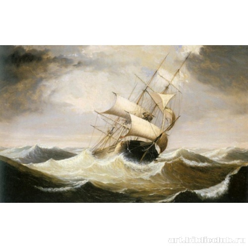 Трехмачтовый корабль в бурном море