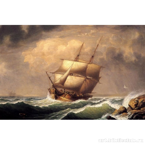 Торговый бриг с парусами под рифами