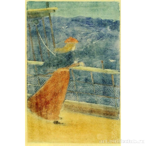 Женщина на палубе, смотрящая на море