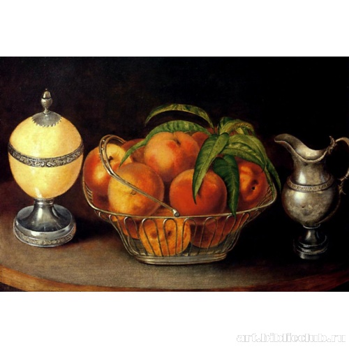 Корзинка с персиками, страусиное яйцо и молочник