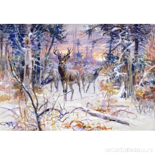 Олени в заснеженном лесу