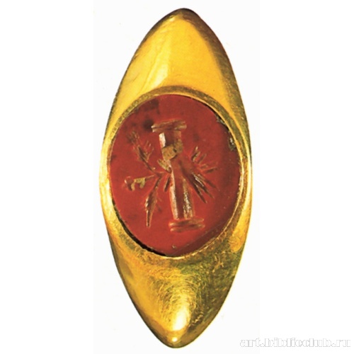 Кольцо с изображением рук, держащих два пучка колосьев, перевязанных лентами