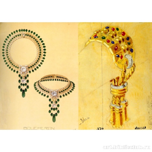 Рисунок колье с изумрудами и бриллиантами