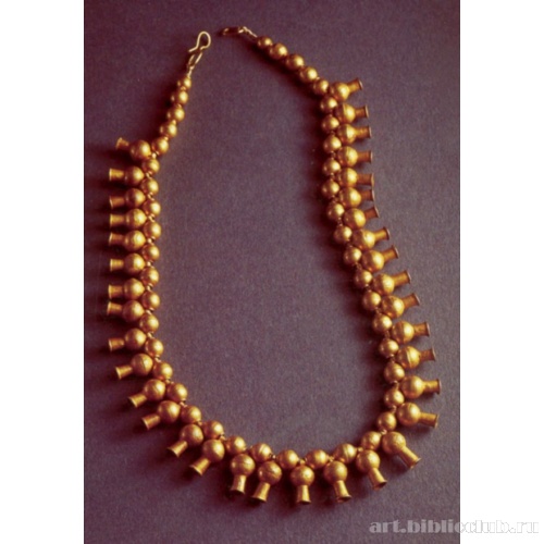 Золотое ожерелье с подвесками в форме ваз, чередующимися с круглыми бусинами