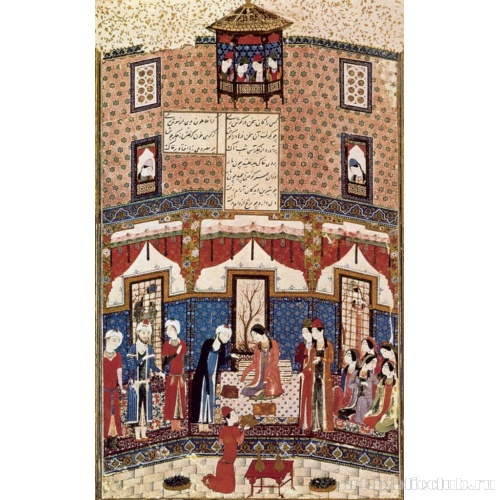 Шапур приводит Фархада к Ширин. Миниатюра рукописи «Хосров и Ширин» Низами