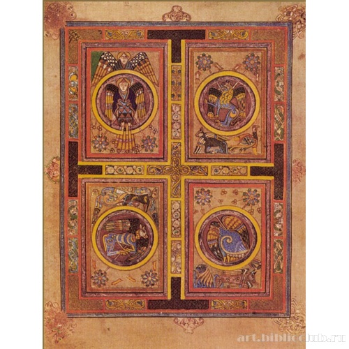 Страница с символами четырех евангелистов. Книга из Келлса