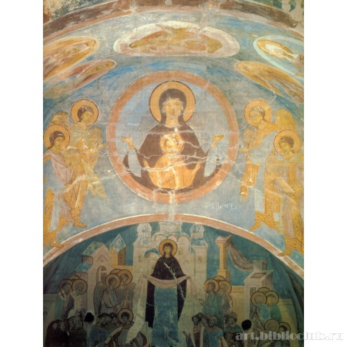 Фрески восточной стены («Богоматерь Знамения» и ниже «Покров Богоматери»)