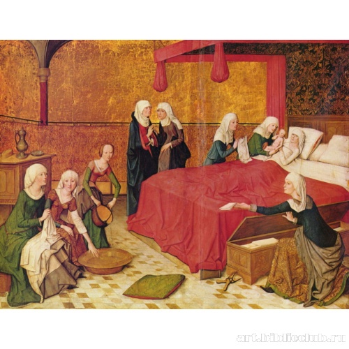 Алтарь Девы Марии, центральная часть наверху слева: Рождение Марии