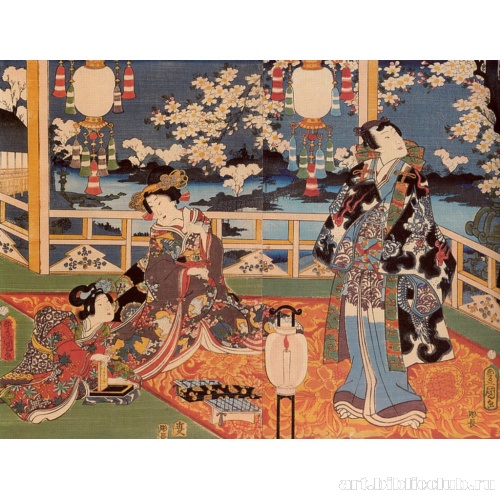 Гэндзи вечером любуется цветами сакуры