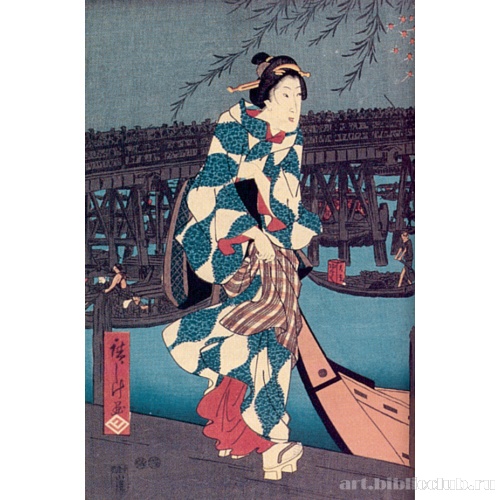 Большой фейерверк прохладным вечером у моста Регоку-баси