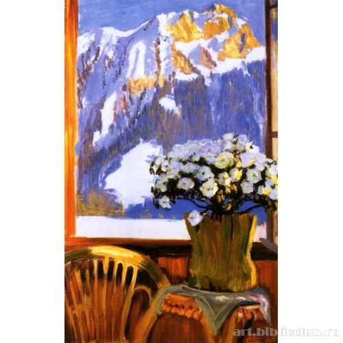 Цветы на балконе на фоне гор