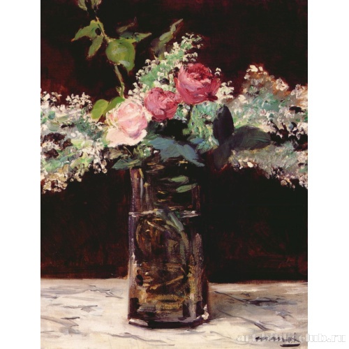 Розы и сирень в хрустальной вазе