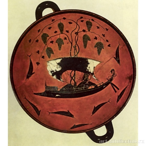 Дионис в ладье. Роспись на дне килика из Вульчи