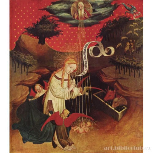 Алтарь св. Фомы. Рождество Христово. Фрагмент левой внешней створки, сцена вверху